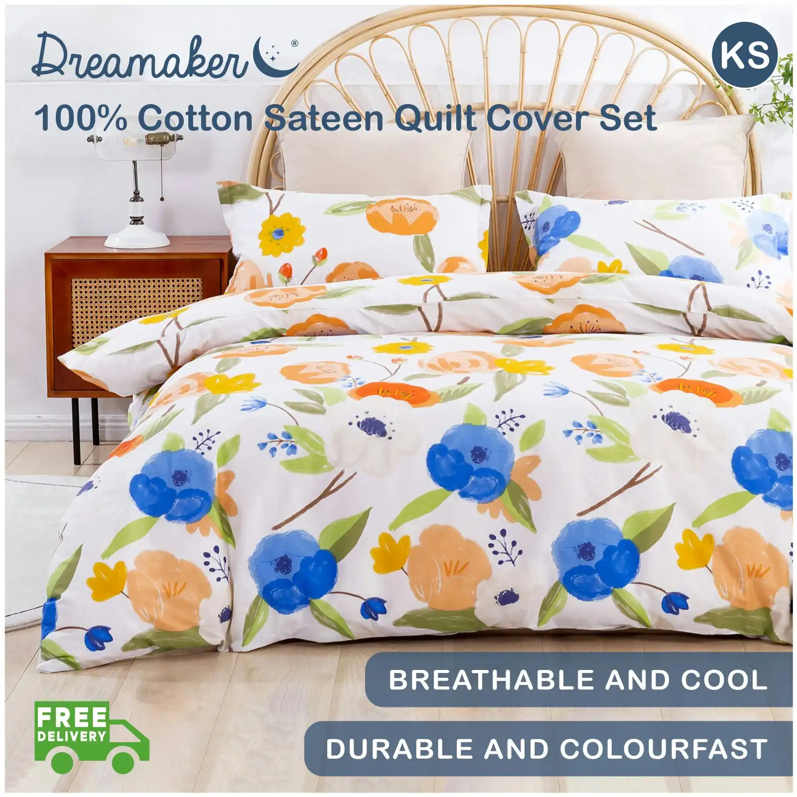 Dreamaker Printed Quilt Cover Set Lily in Orange King Single Bed