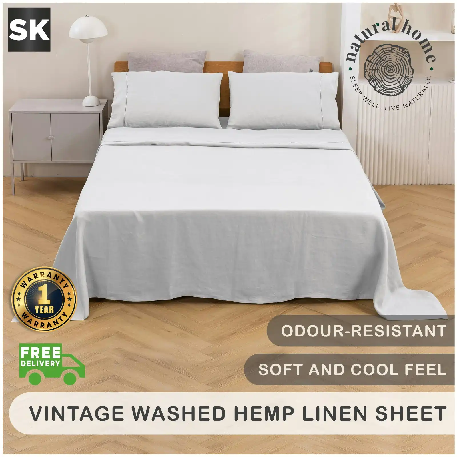 Natural Home Vintage Washed Hemp Linen Sheet Set Dove Grey Super King Bed