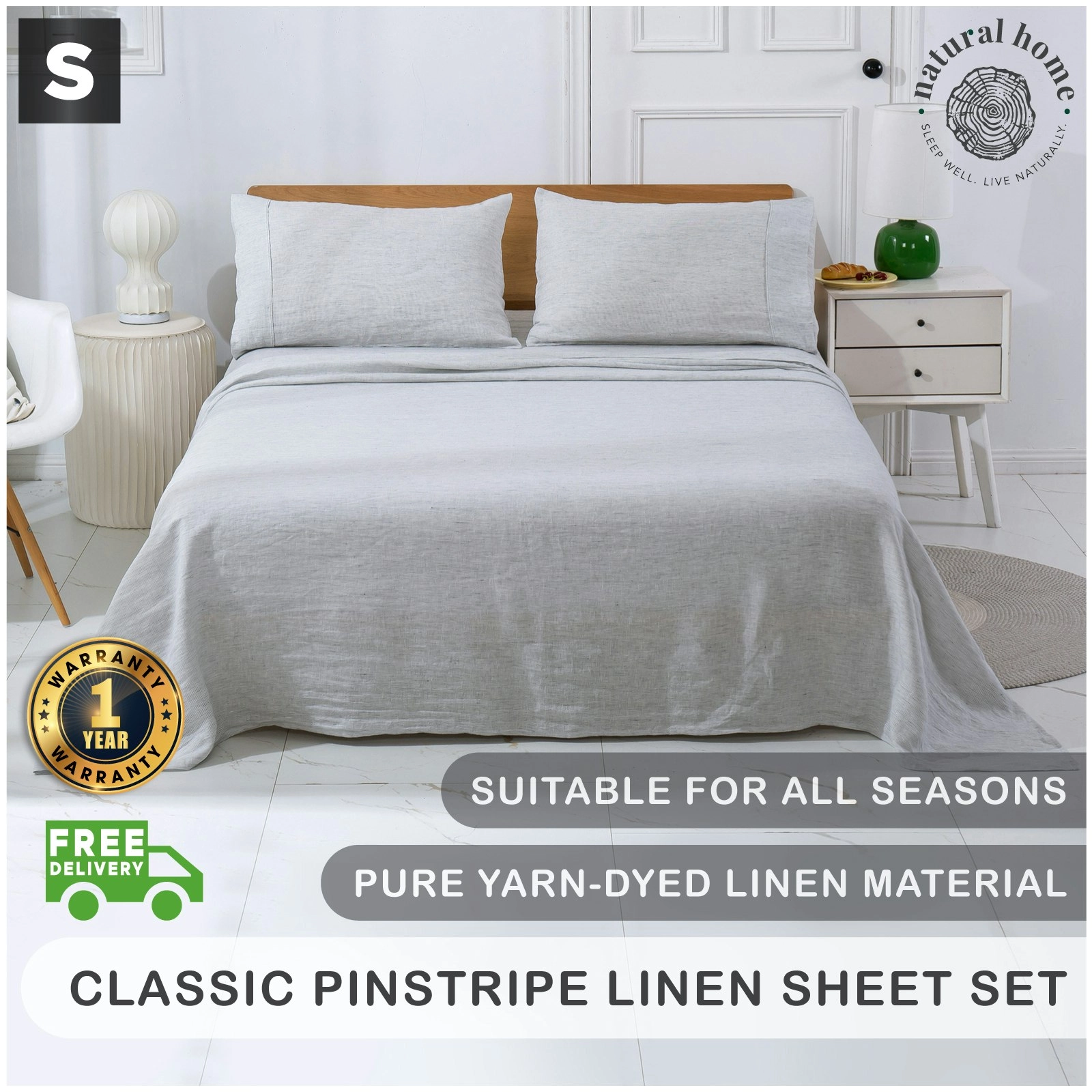 Natural Home Classic Pinstripe Linen Sheet Set White with Dark Pinstripe Single Bed