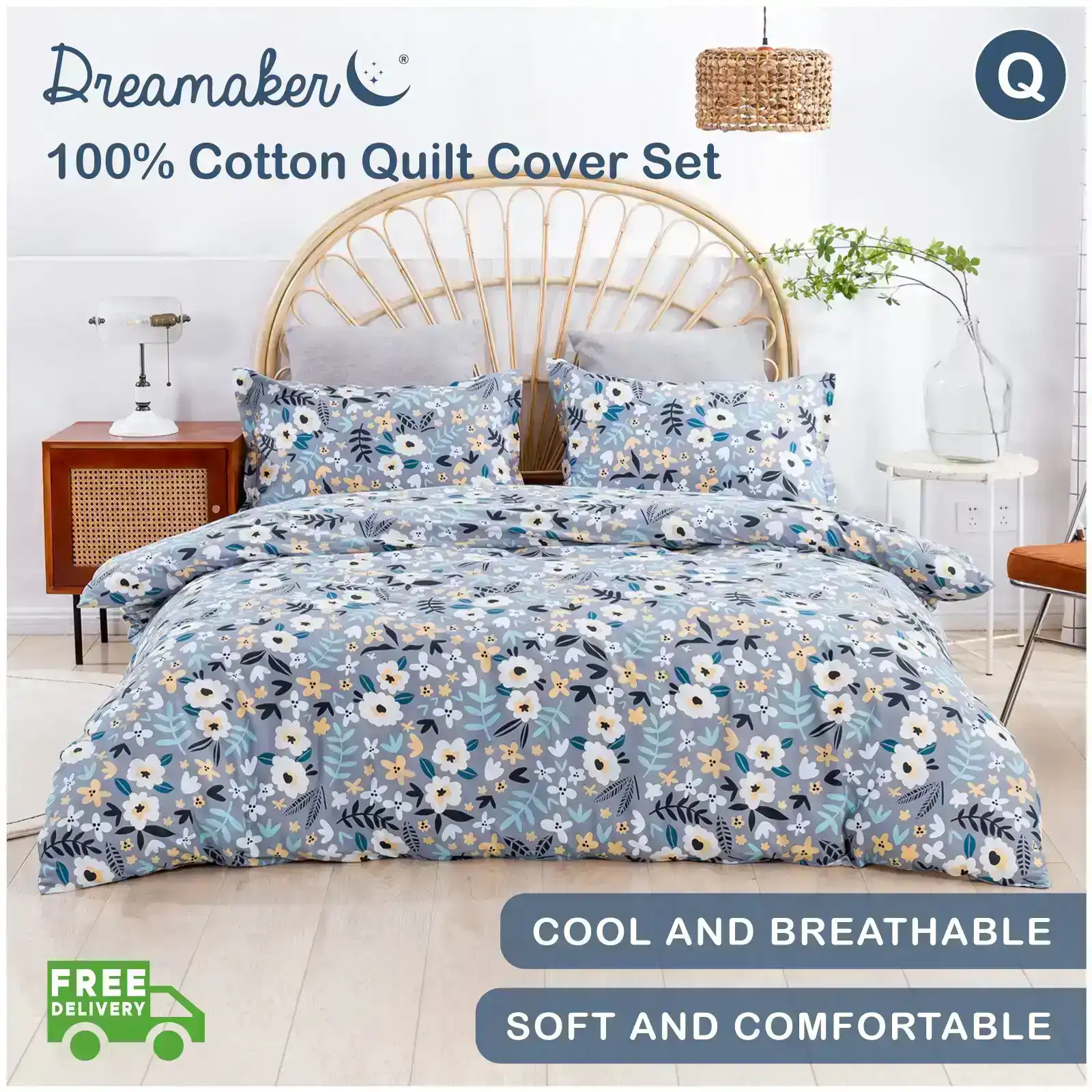 Dreamaker Alice Grey 100% Cotton Quilt Cover Set Queen Bed