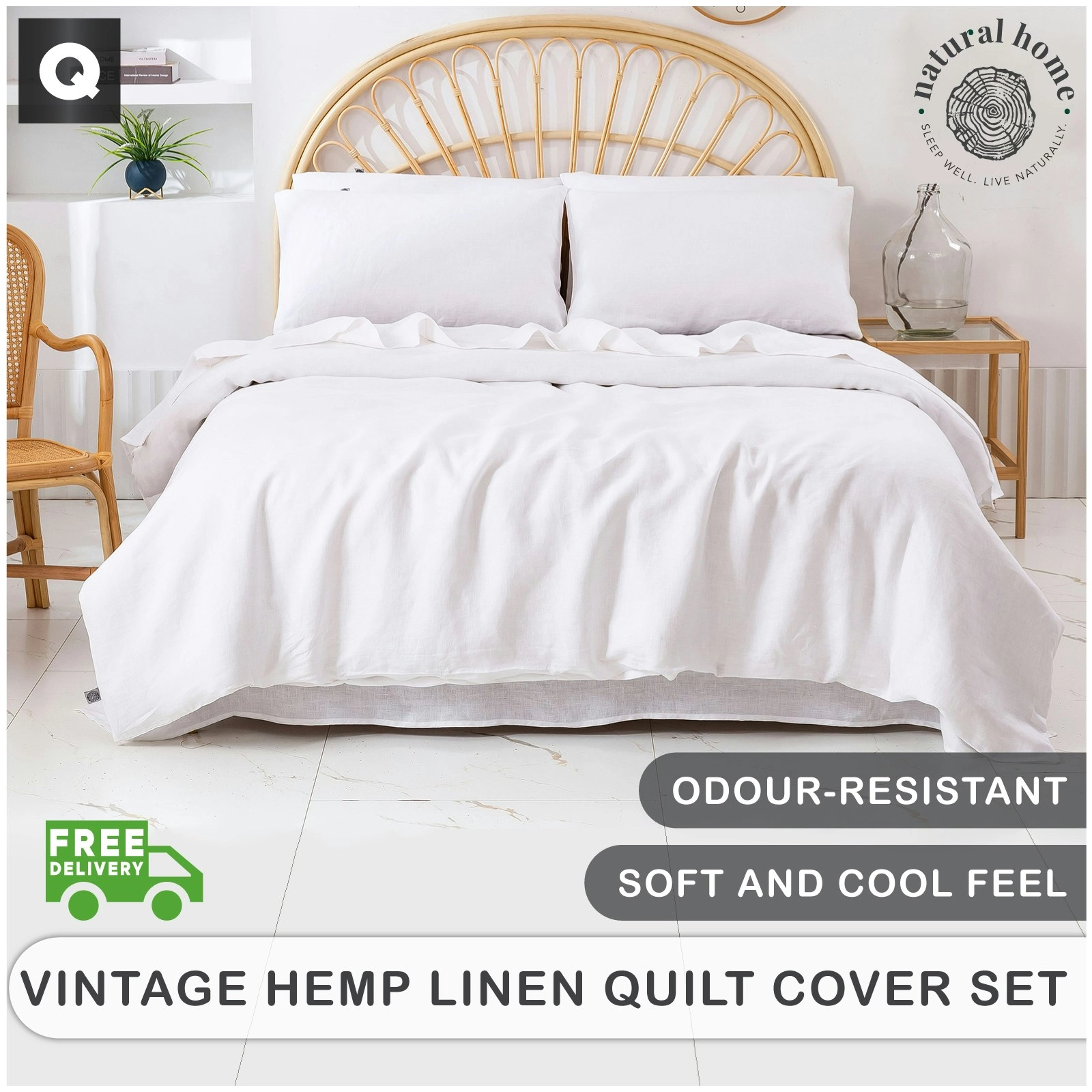 Natural Home Vintage Washed Hemp Linen Quilt Cover Set White Queen Bed