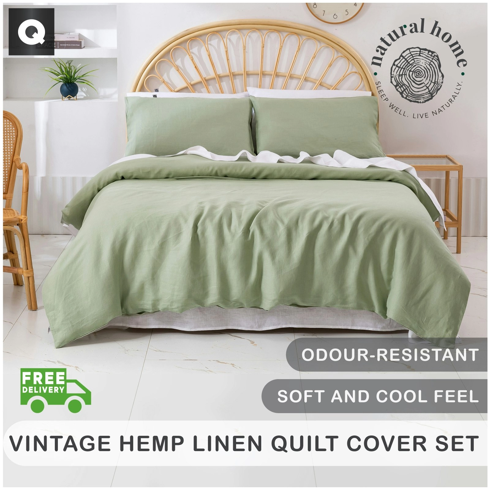 Natural Home Vintage Washed Hemp Linen Quilt Cover Set Sage Queen Bed