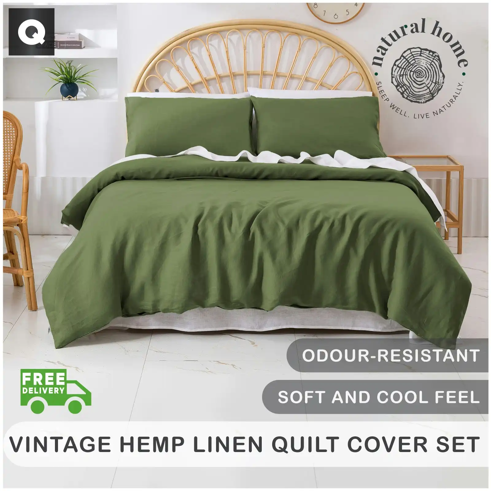 Natural Home Vintage Washed Hemp Linen Quilt Cover Set Olive Queen Bed