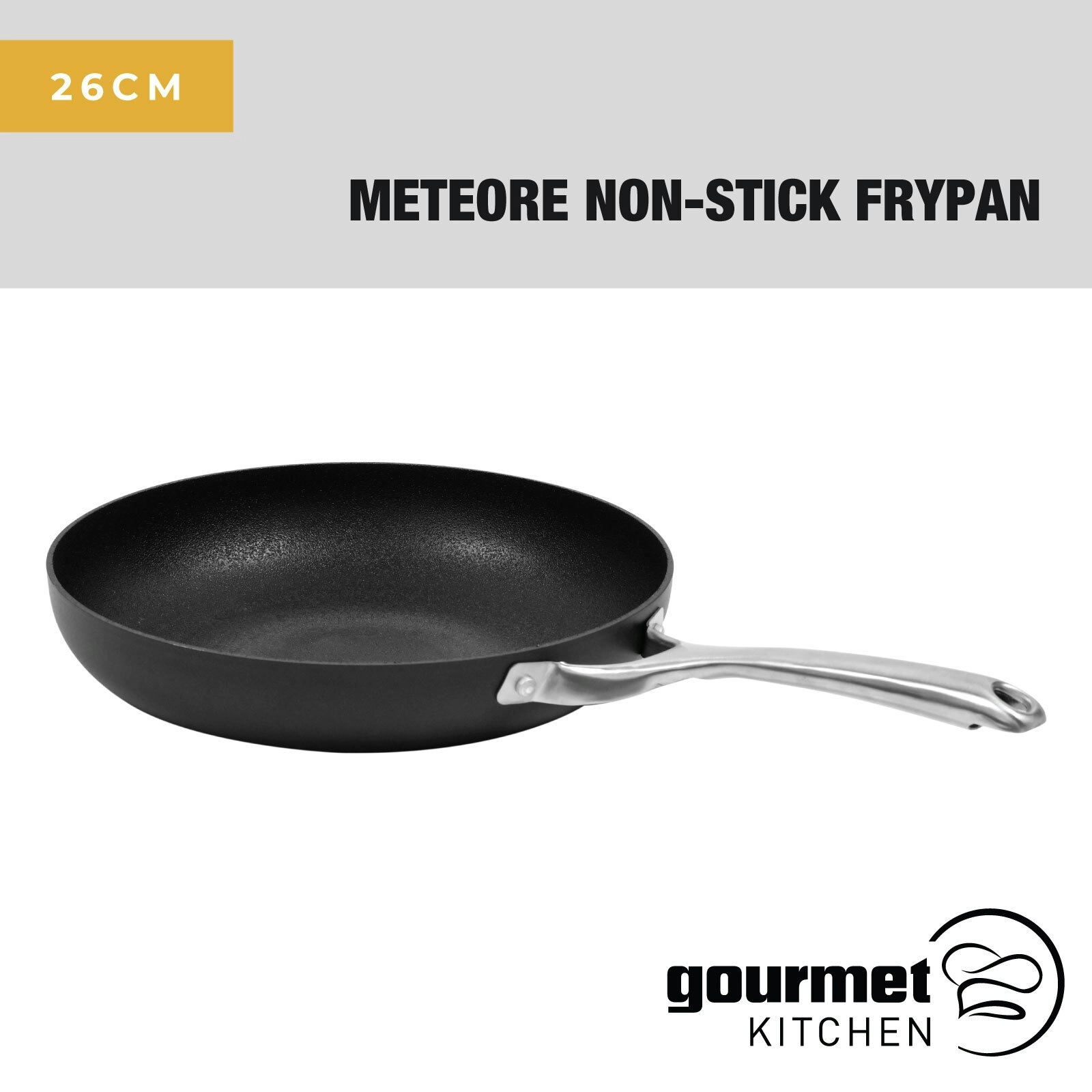 Gourmet Kitchen Meteore Non-Stick Frypan Black with Silver Handle 26cm