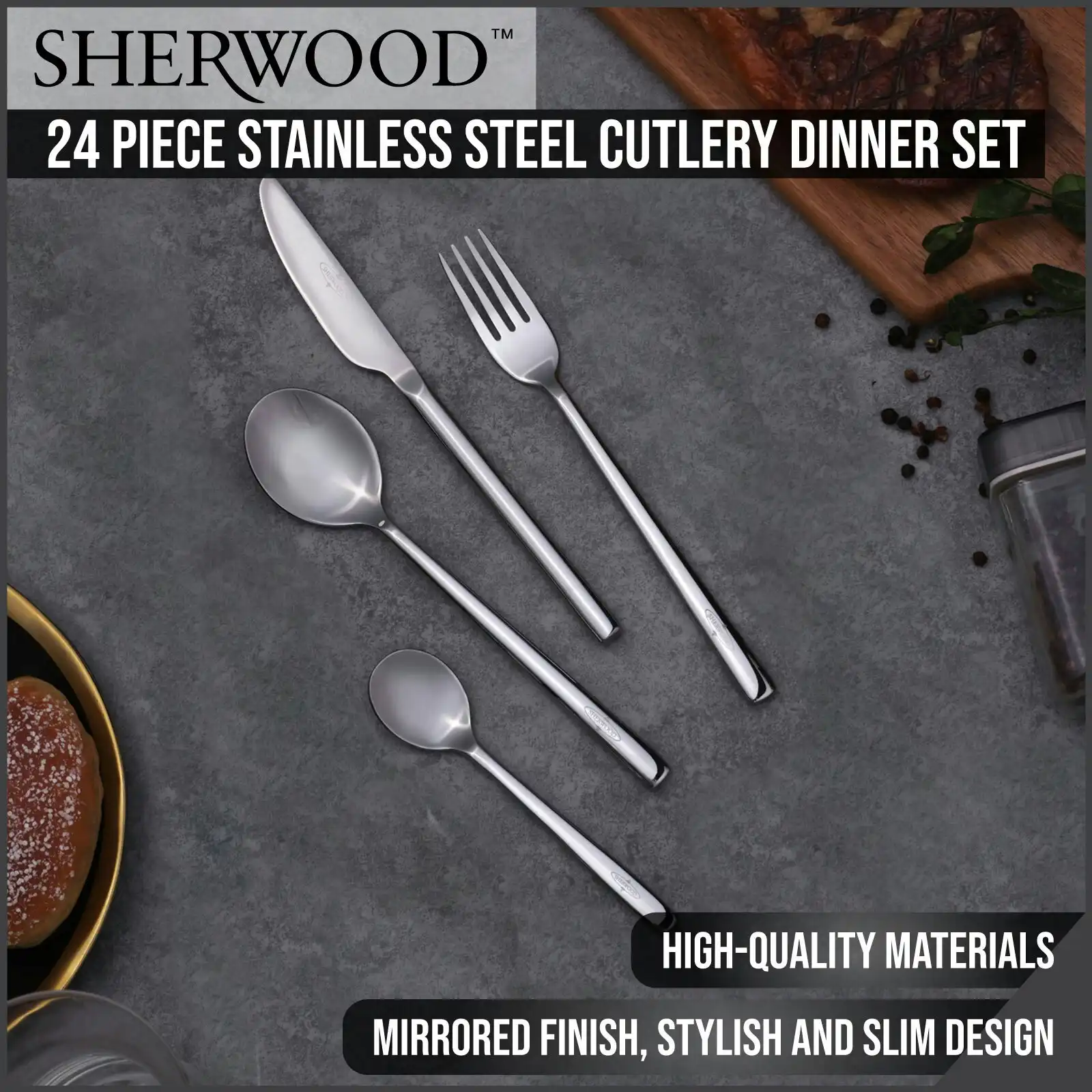 Sherwood Home 24 Piece Stainless Steel Cutlery Dinner Set - Knife/Fork/Spoon