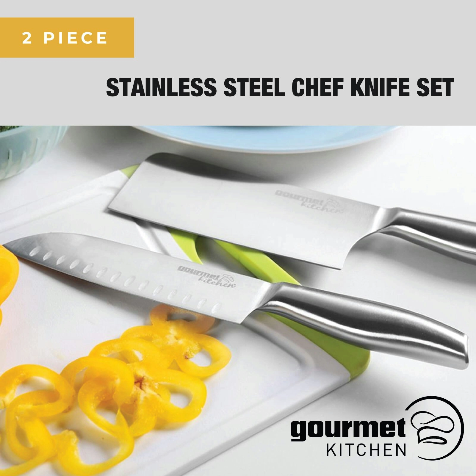 Gourmet Kitchen 2 Piece Stainless Steel Chef Knife Set - Santoku & Clever - Silver