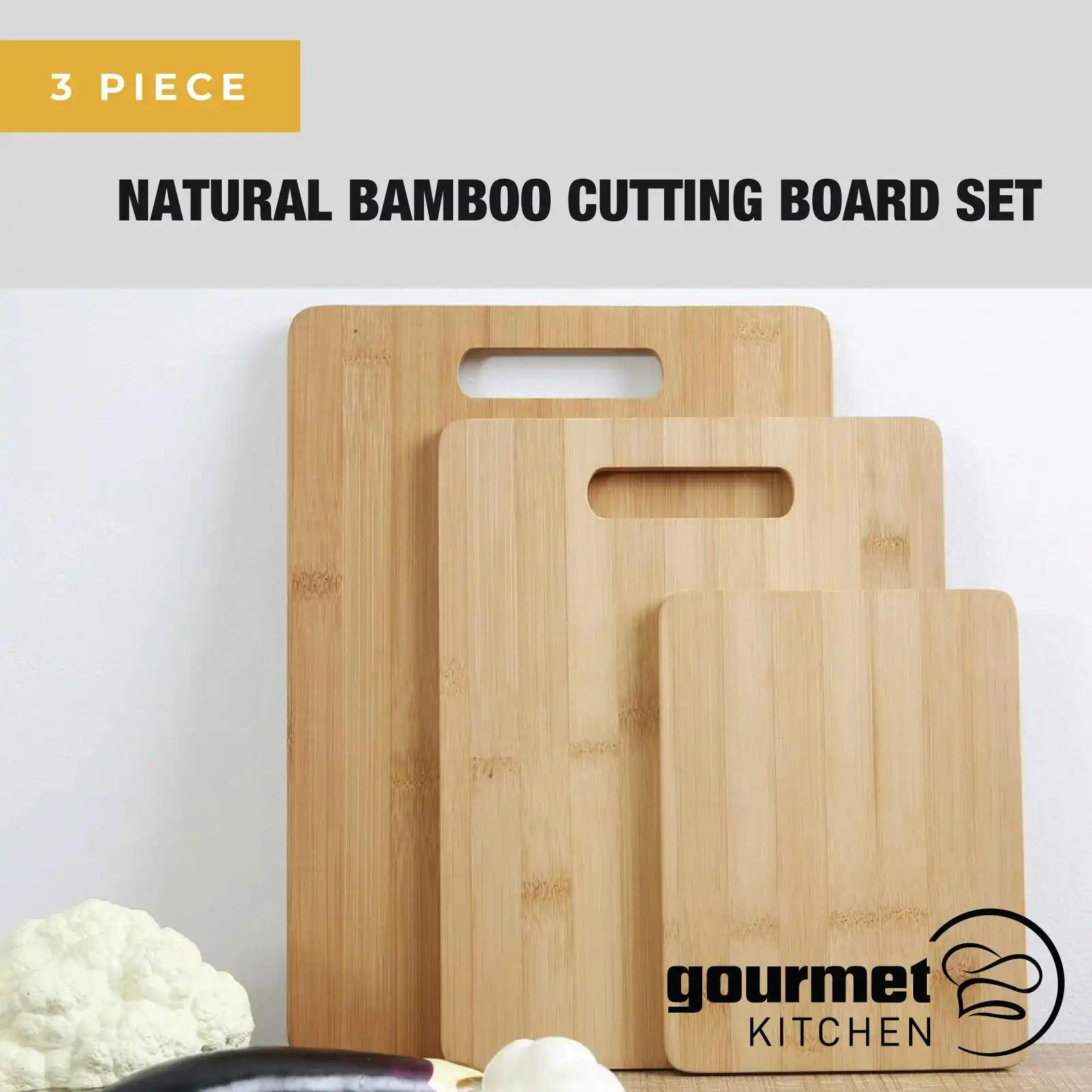 Gourmet Kitchen 3 Piece Natural Bamboo Cutting Board Set - Wood Brown