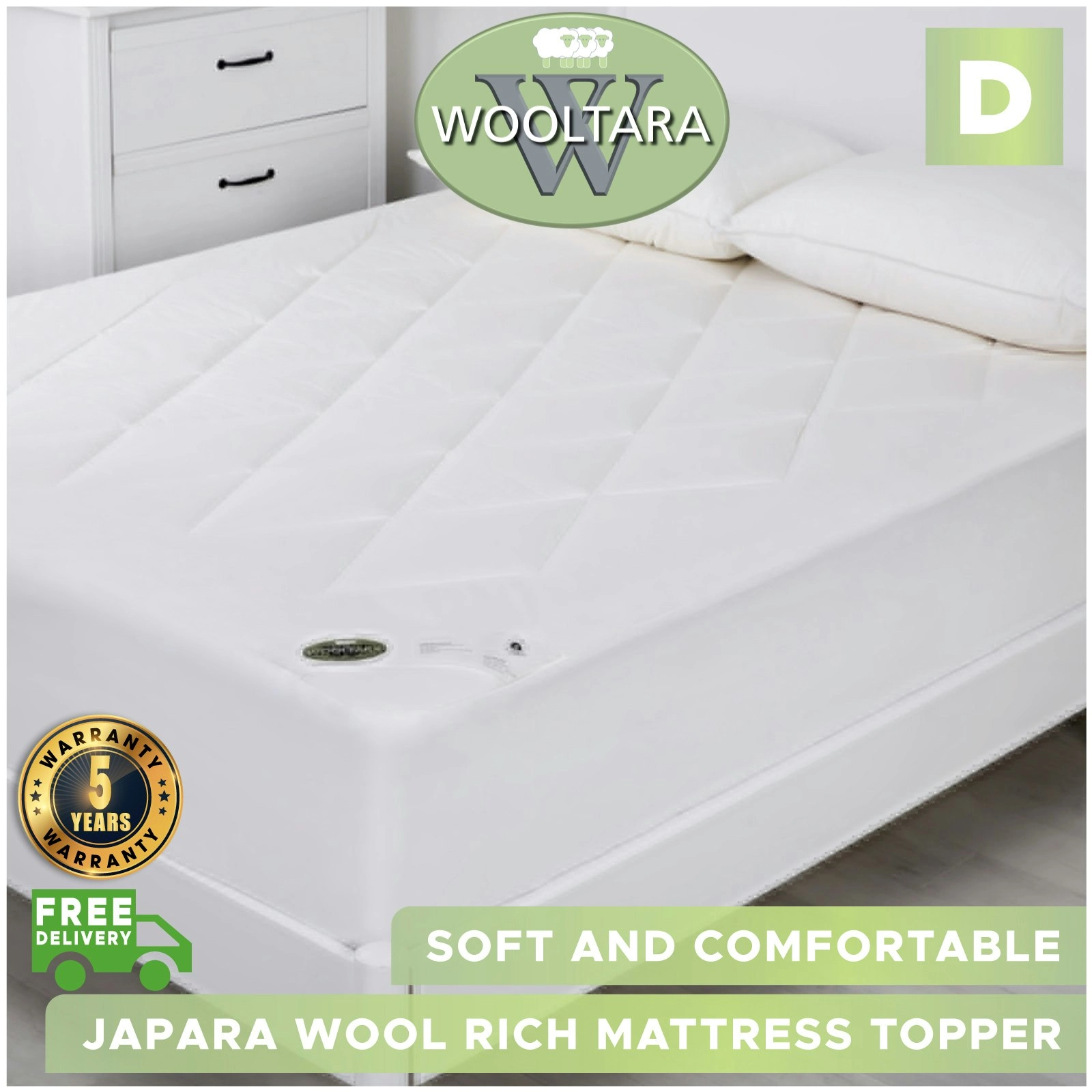 Wooltara Luxury Washable Cotton Japara Wool Rich Mattress Topper - Double Bed