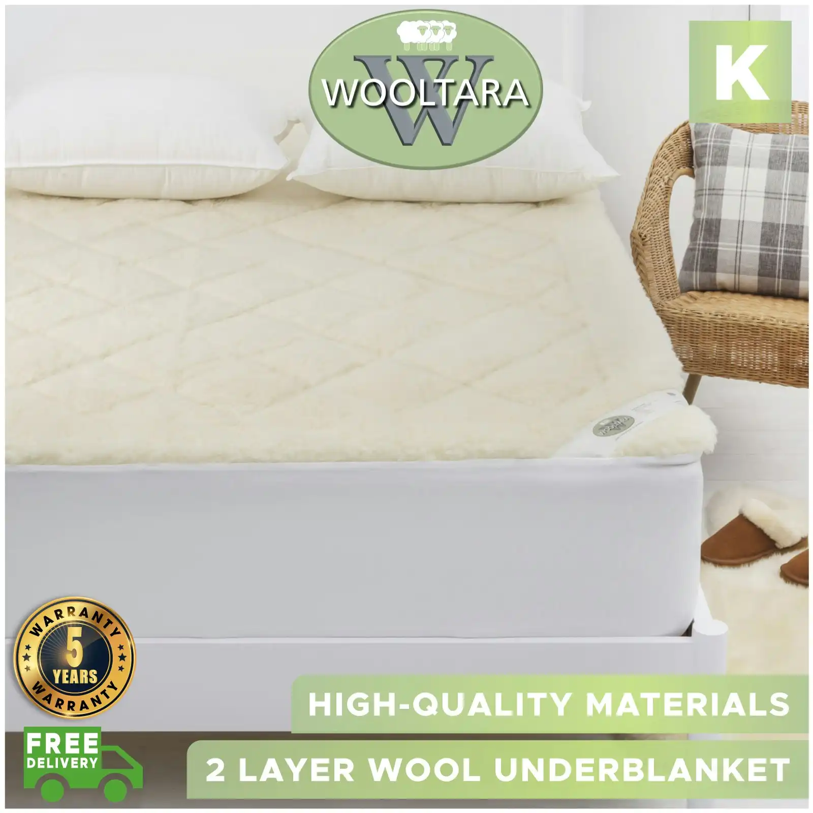 Wooltara Imperial Luxury 2 Layer Reversible Washable Australian Wool Underblanket - King Bed