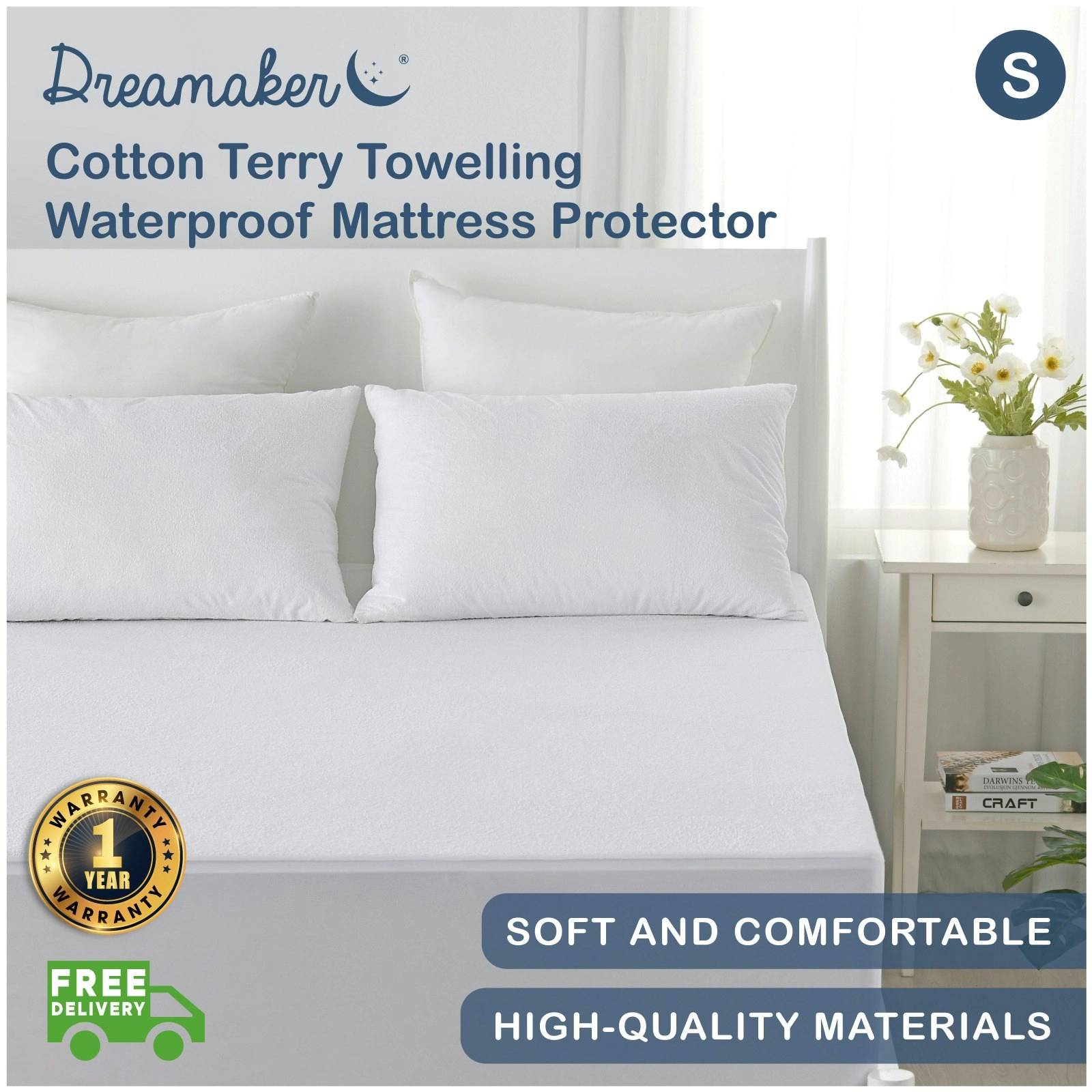 9009033 Dreamaker Cotton Terry Towelling Waterproof Mattress Protector - Single Bed