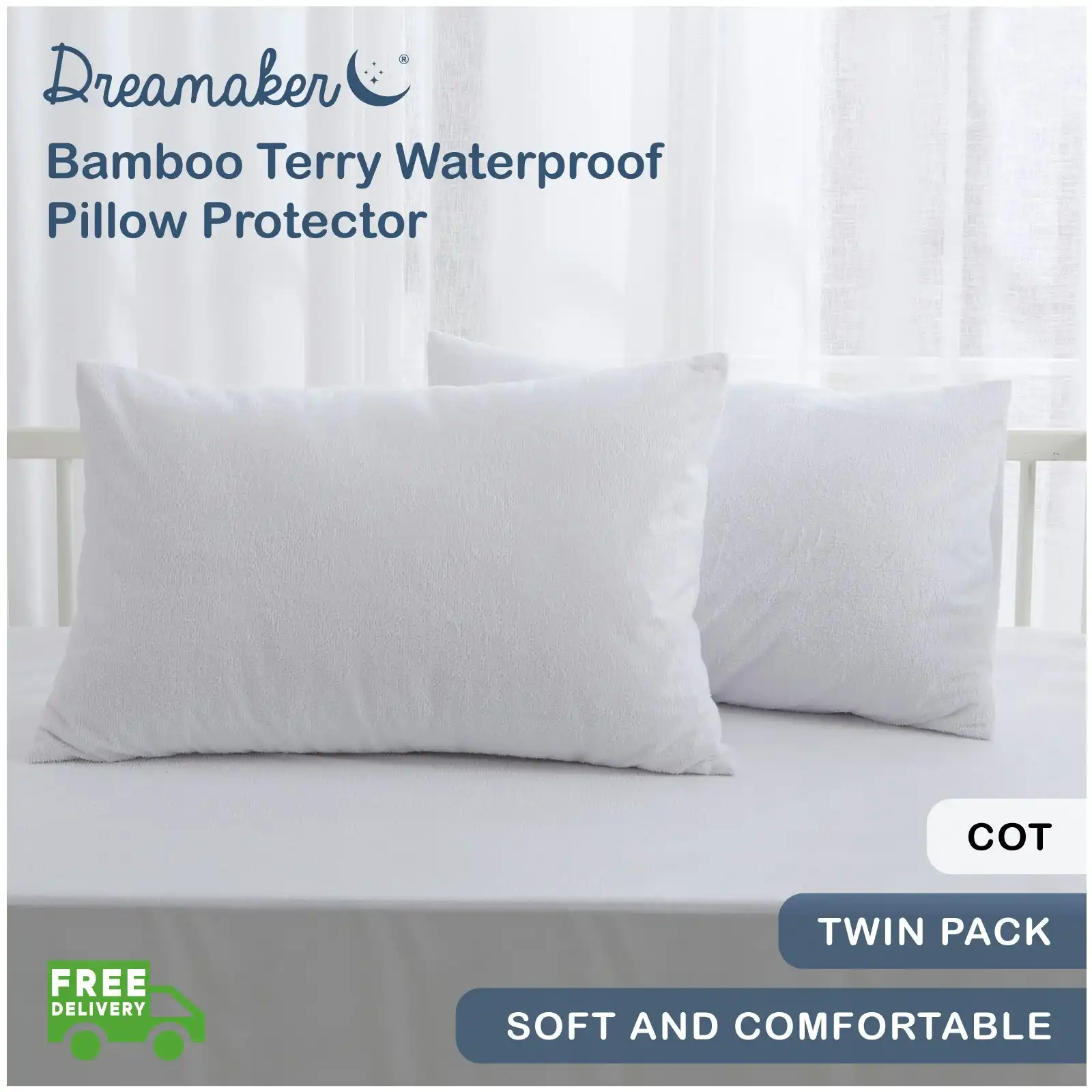 Dreamaker Bamboo Terry Cot Waterproof  Pillow Protector 2 Pack