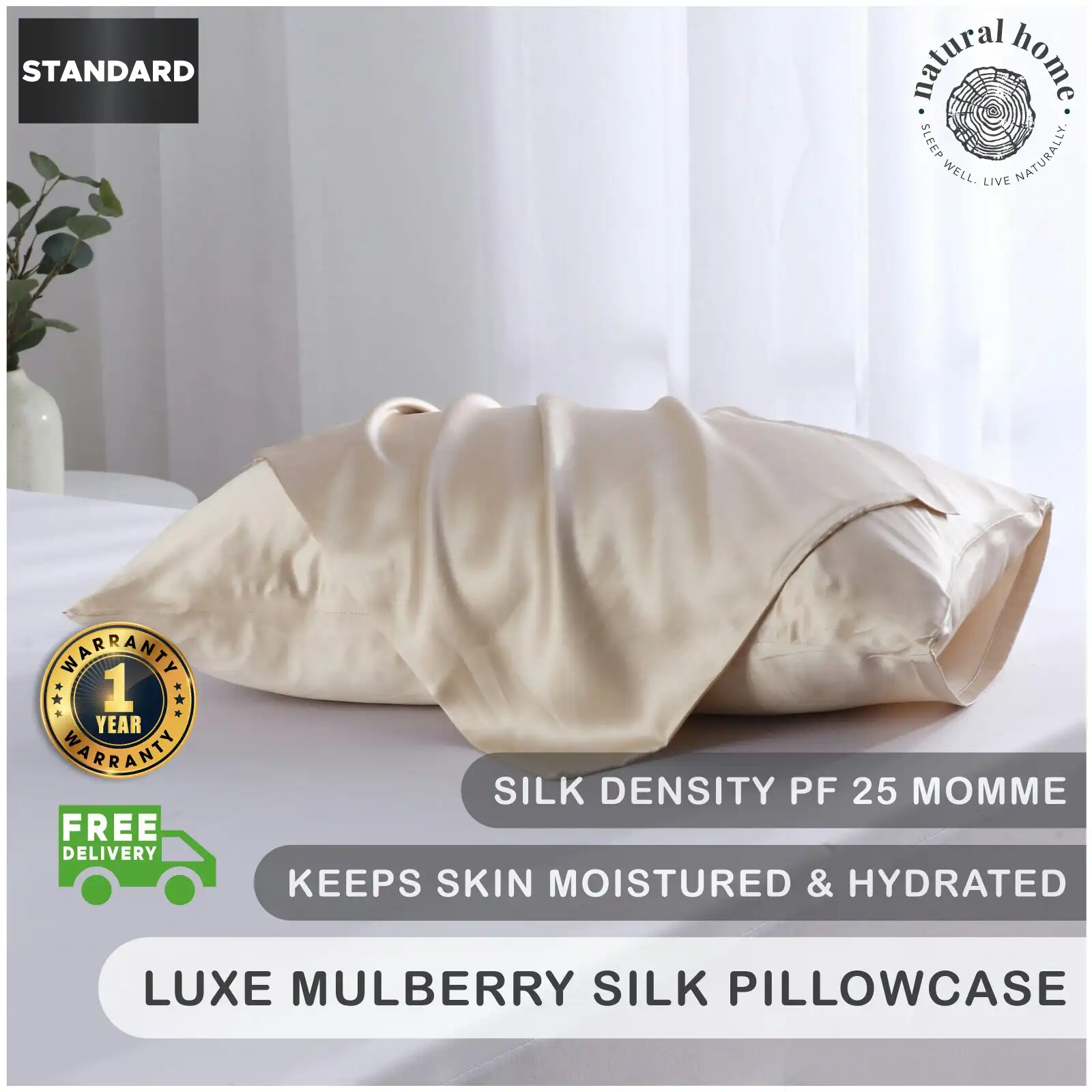 Natural Home Luxe Mulberry Silk Pillowcase 25 Momme Standard Pillowcase 48 x 73cm - Gold