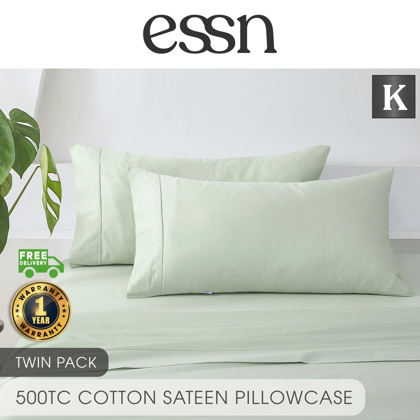 ESSN 500TC Cotton Sateen King Pillowcases Sage (Twin Pack)