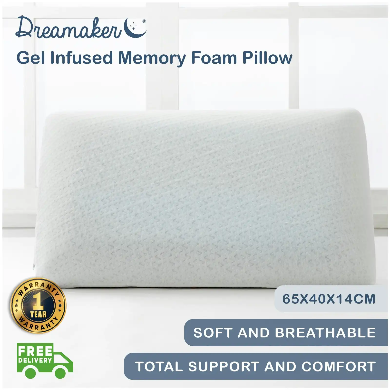 Dreamaker Gel Infused Memory Foam Pillow - 65x40cm