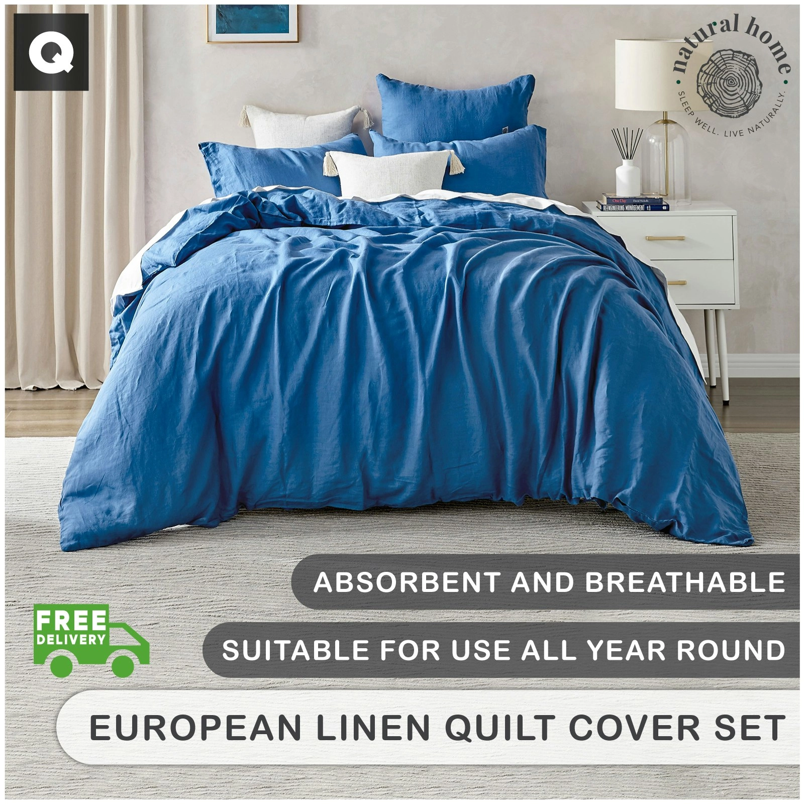 7007237 Natural Home Linen Quilt Cover Set QB DEEP BLUE