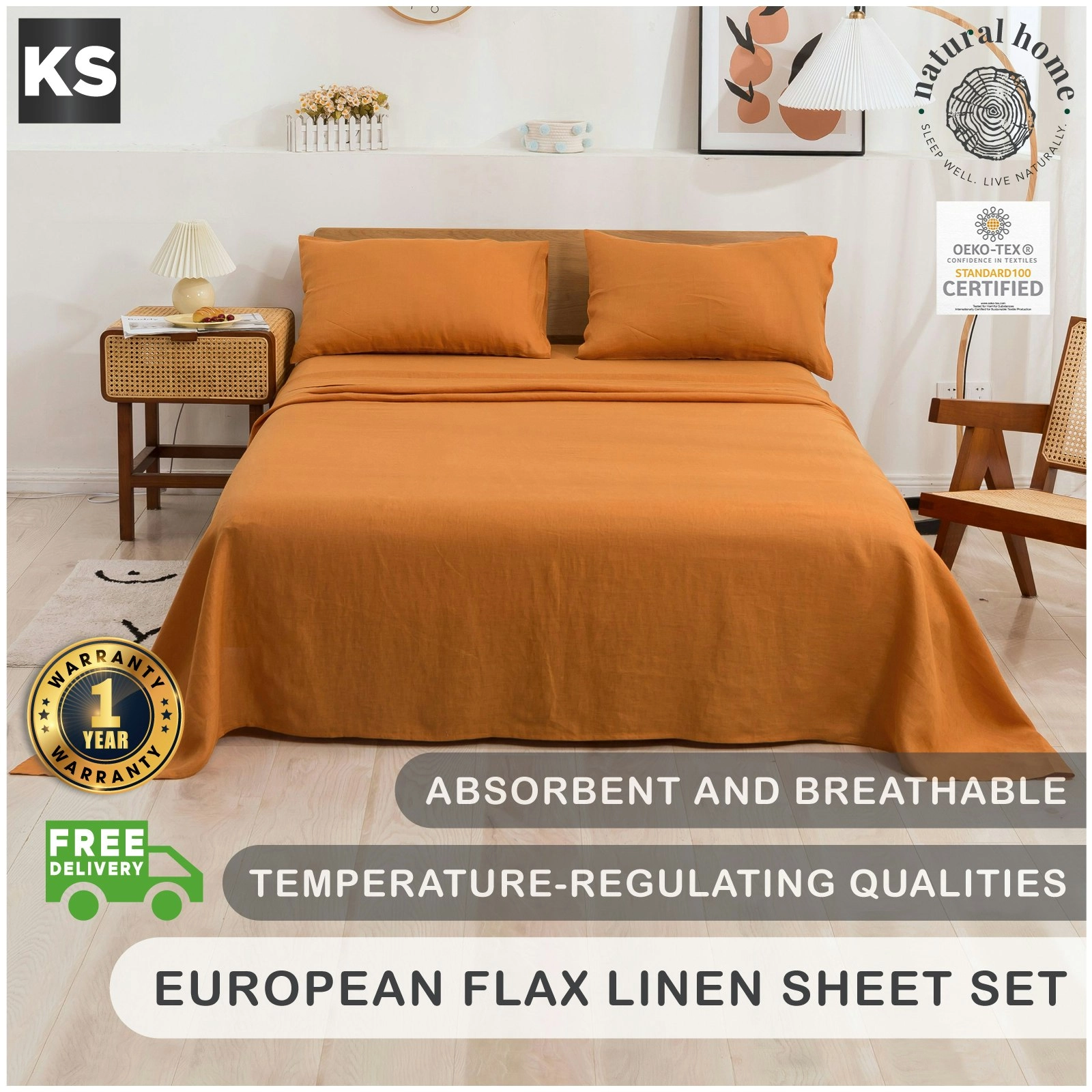 Natural Home 100% European Flax Linen Sheet Set Rust King Single Bed