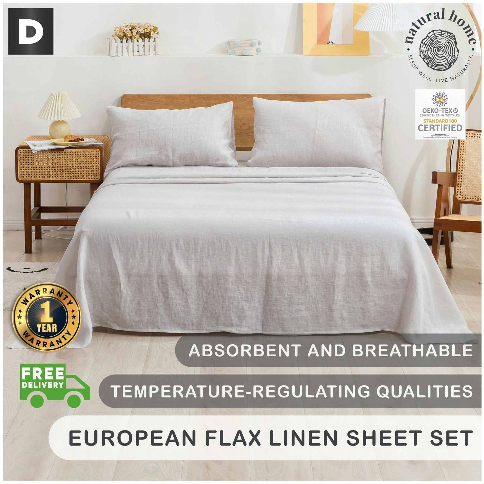 Natural Home 100% European Flax Linen Sheet Set Dove Grey Double Bed