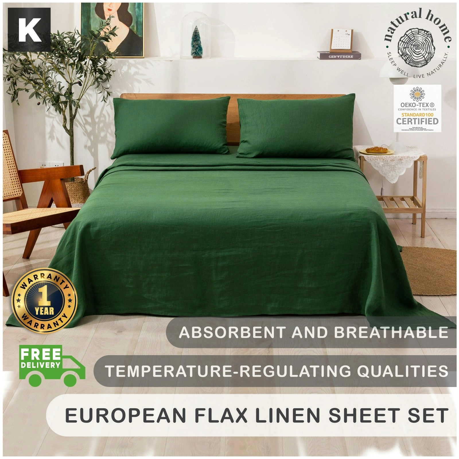 Natural Home 100% European Flax Linen Sheet Set - Olive - King Bed