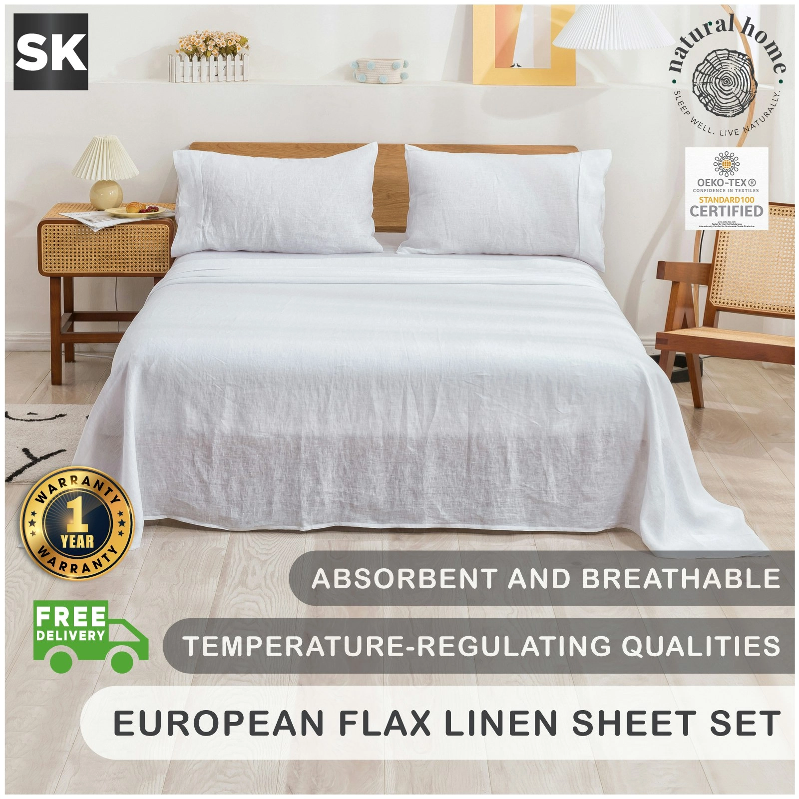 Natural Home 100% European Flax Linen Sheet Set White Super King Bed