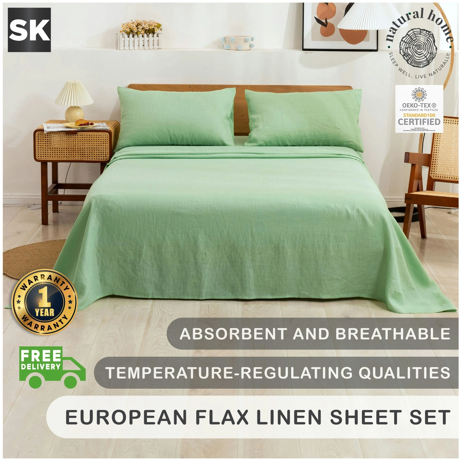 Natural Home 100% European Flax Linen Sheet Set - Sage - Super King Bed