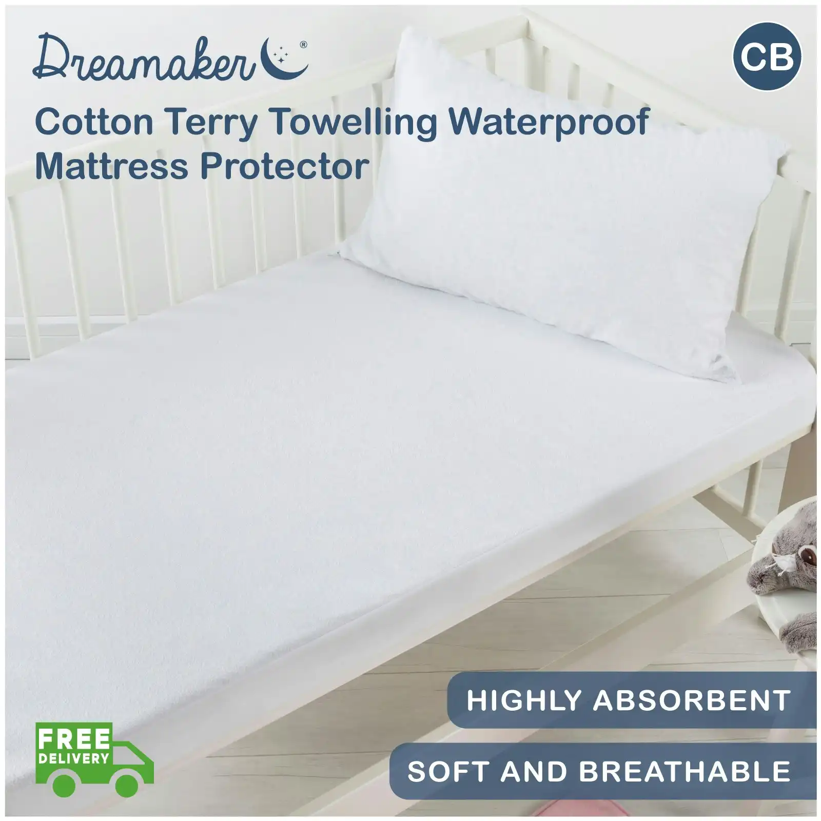 Dreamaker Cotton Terry Towelling Waterproof Mattress Protector Cot Boori