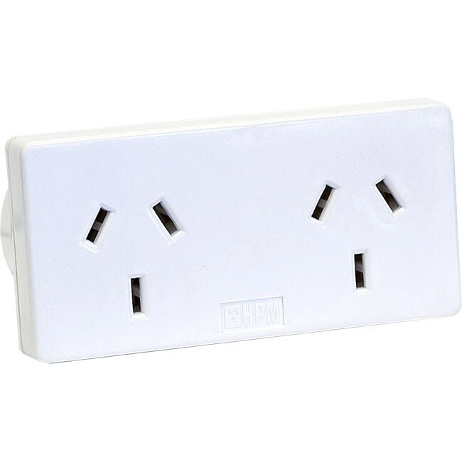 HPM Slim Right 10A Mains Power Slimline Twin/Double Powerpoint Adaptor White