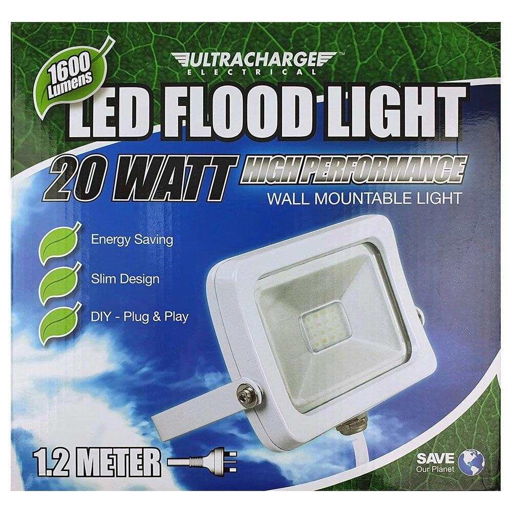 UltraCharge 20W LED Floodlight Cool White Wall Mounted Outdoor Flood Light WHT