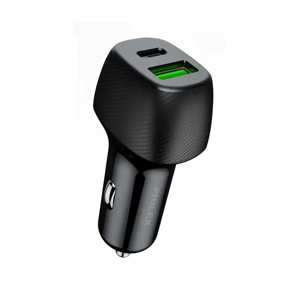 Philex 36W Dual USB-C & USB Ports Car Charger Socket for Phones/Tablets Black