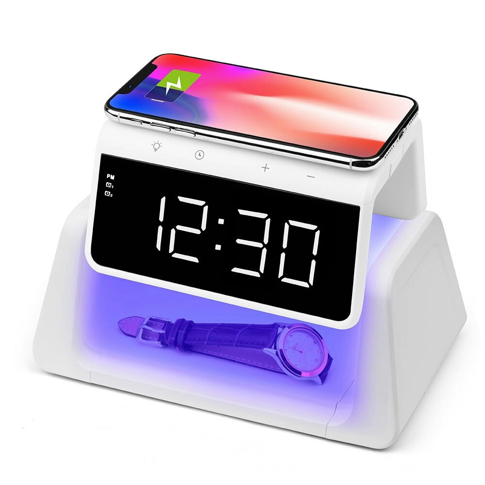 Rewyre Alarm Clock USB-C 5V 10W Qi Wireless Charger/UV Disinfection Lamp White