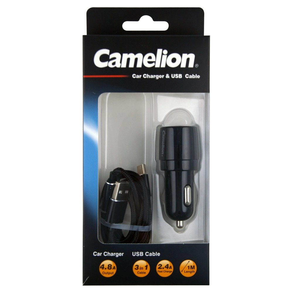 Camelion 4.8A USB Car Charger/3-in-1 Micro/Type-C/8 Pin Cable f/ Smartphones