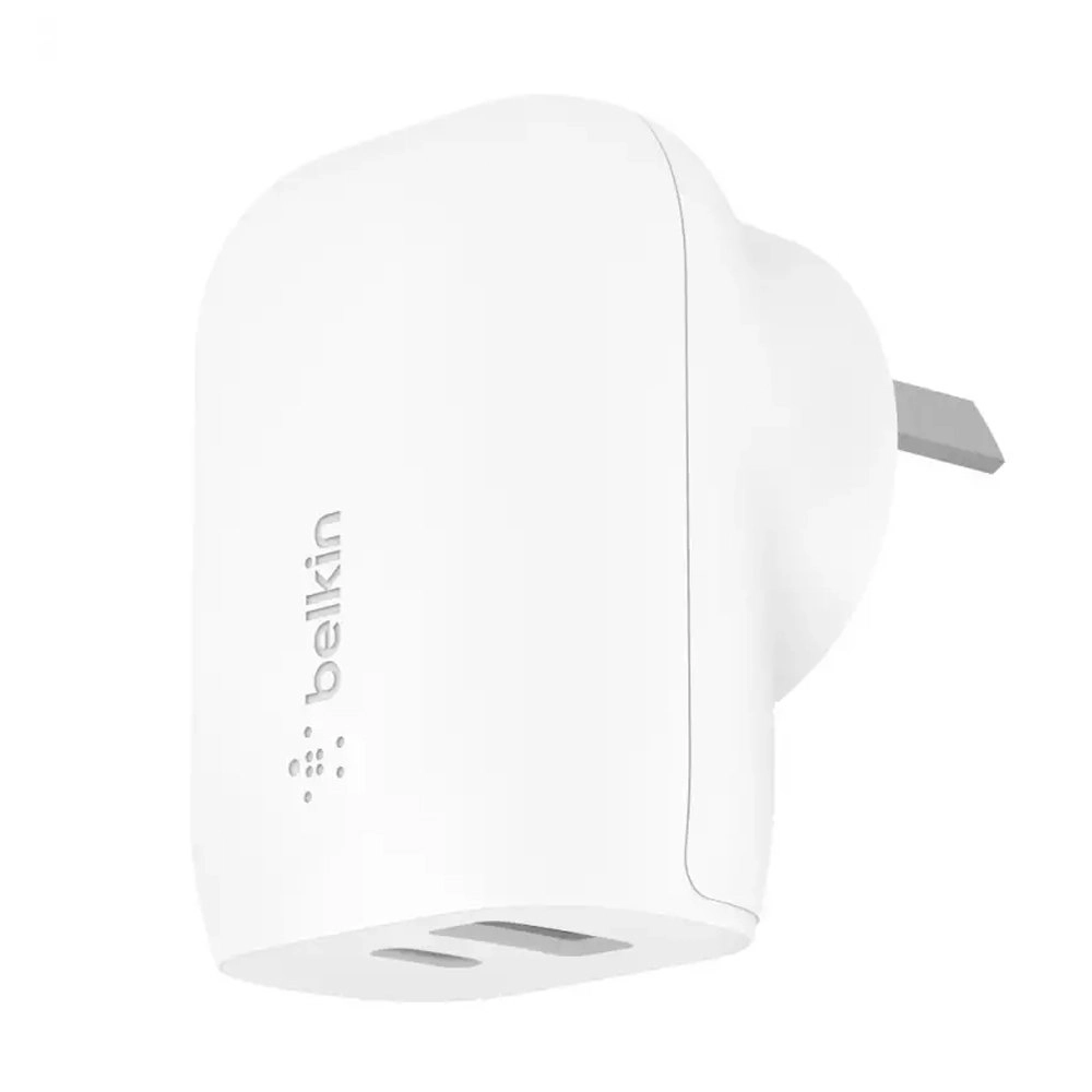 Belkin 2-Port Socket USB/USB-C 25W Wall Charger Travel Plug for iPhone/iPad WHT