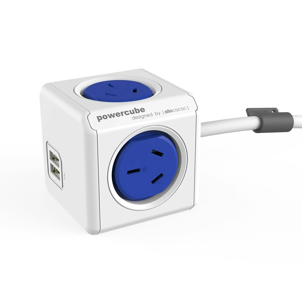 Blue PowerCube 4 Socket Mountable Power Board/1.5m Cord/2 USB Charger/240v 2400w