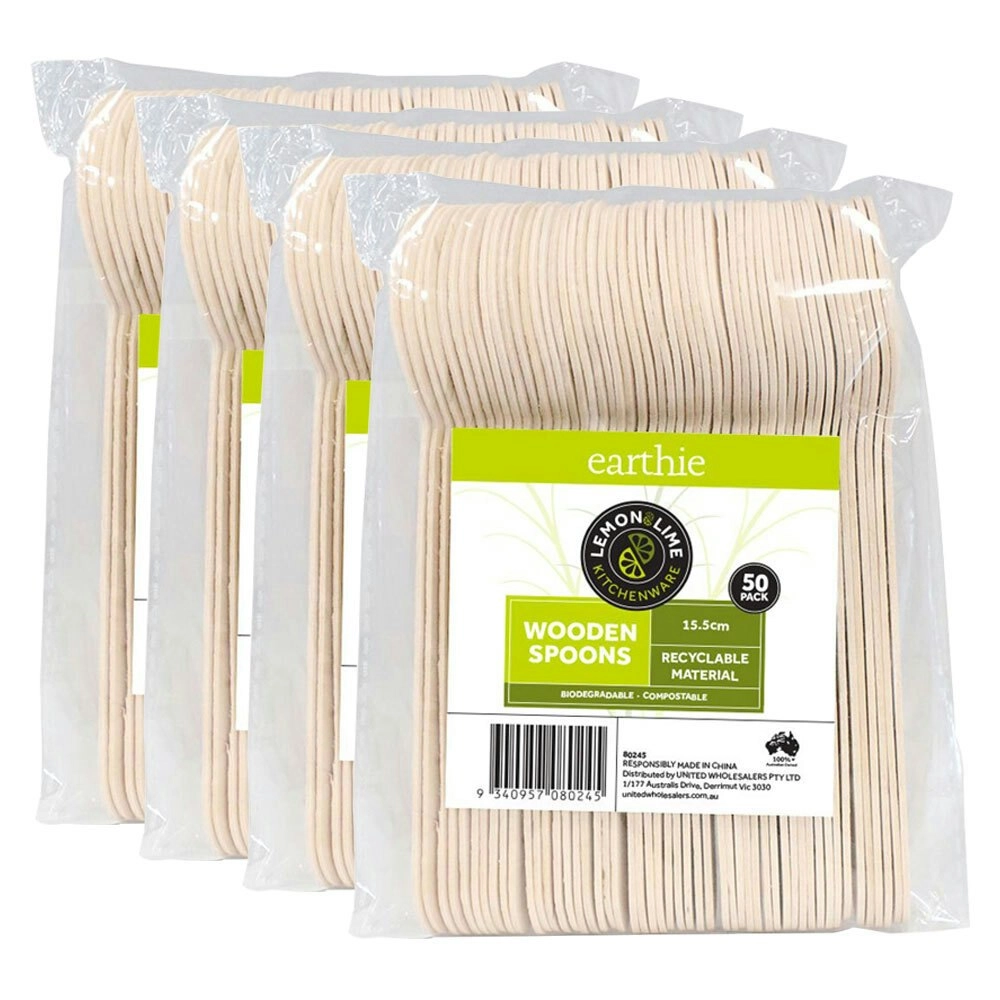 200PK Lemon & Lime Eco Wooden Spoons Biodegradable Party Tableware Cutlery Beige