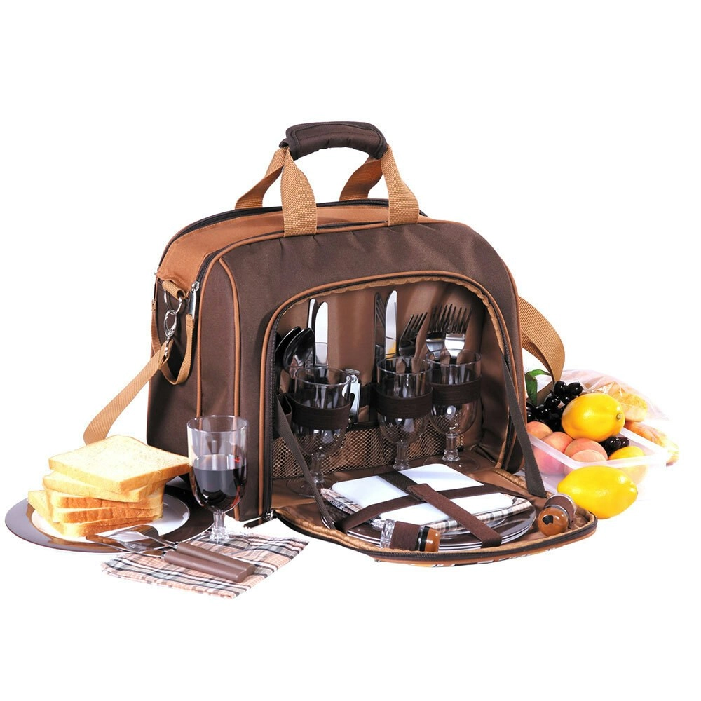 Apollo Walker 4 Person Picnic Shoulder Bag/Wine Glasses/Knives/Forks/Spoons BRN