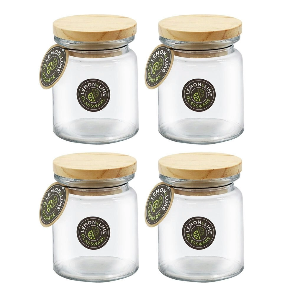 4x Lemon & Lime Glass Jar With Wooden Lid 250ml 10.5cm Kitchen Storage Container