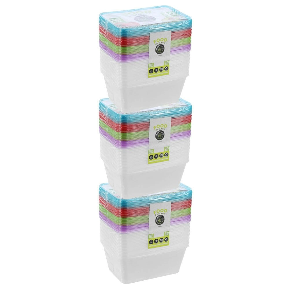 3x 20PK Lemon & Lime Rectangle 1L Reusable Food/Meal Container w/ Coloured Lids