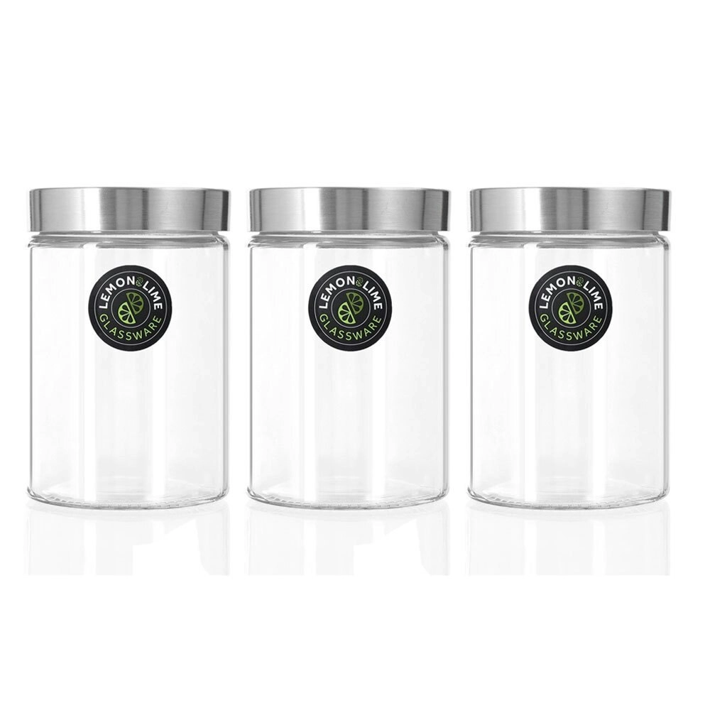 3x Lemon & Lime Alto 1.2L Glass Jar 17cm Stainless Steel Lid Kitchen Storage CLR