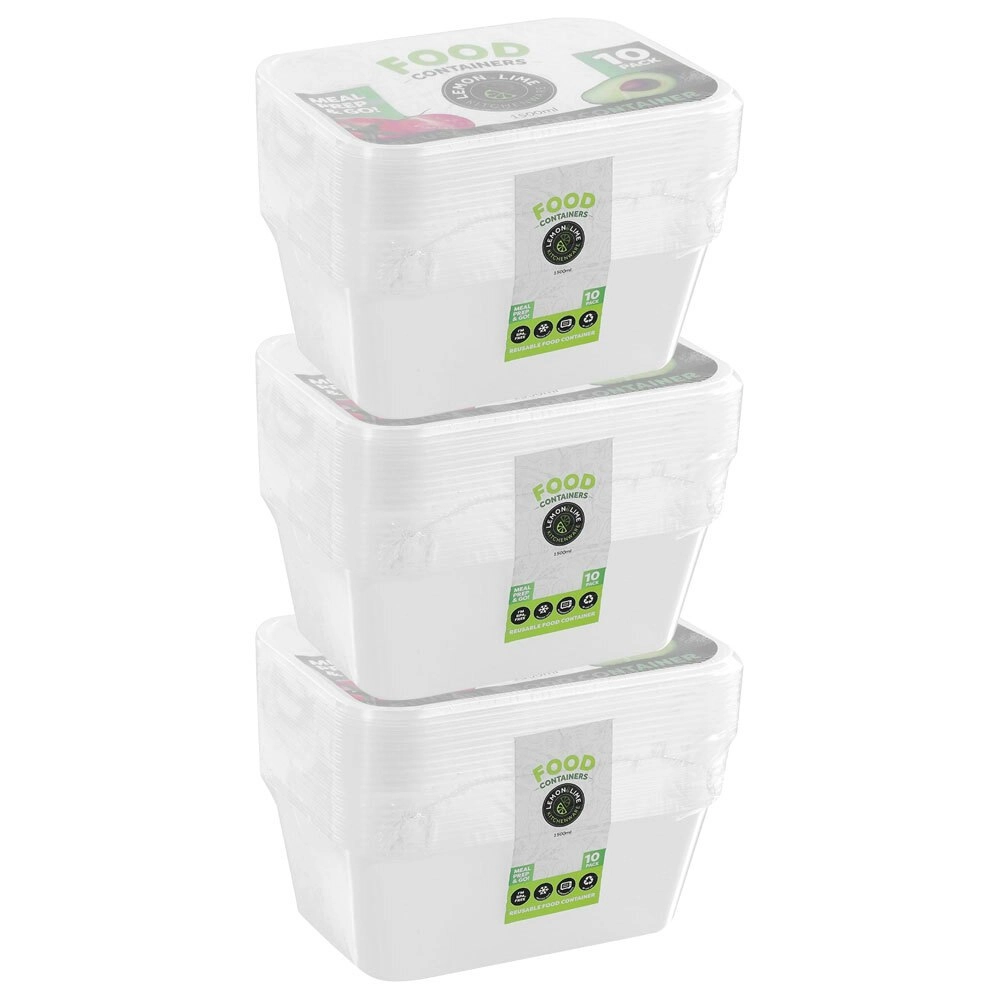 3x 10PK Lemon & Lime Reusable 1.5L Rectangle Food Container/Storage w/ Lid CLR