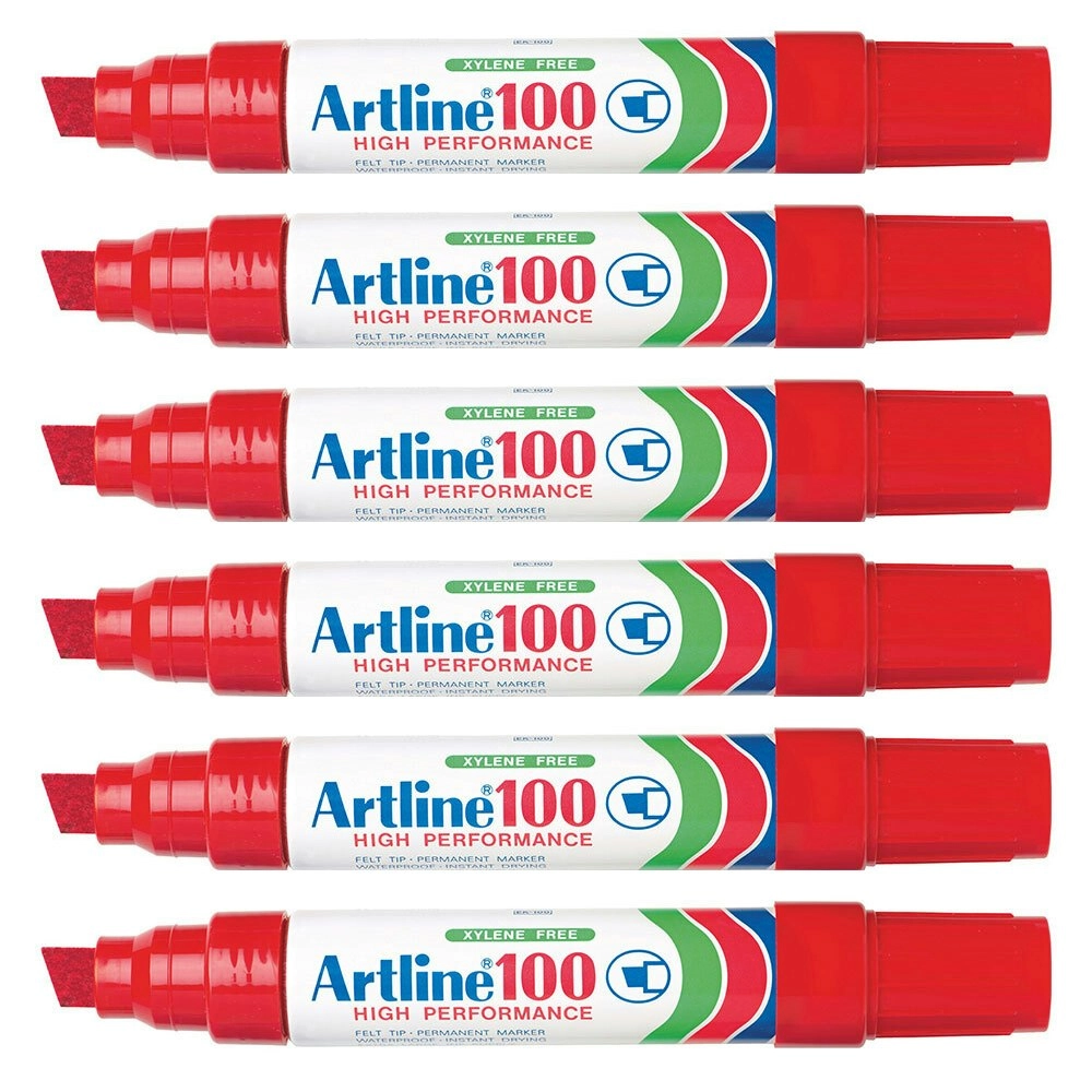 6pc Artline 100 Jumbo Permanent Chisel Whiteboard Writing 7.5-12mm Marker Red