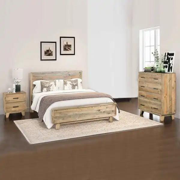 4 Pieces Bedroom Suite King Size in Solid Wood Antique Design Light Brown Bed, Bedside Table & Tallboy