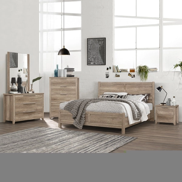 5 Pieces Bedroom Suite Natural Wood Like MDF Structure Double Size Oak Colour Bed, Bedside Table, Tallboy & Dresser