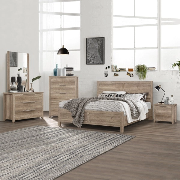 5 Pieces Bedroom Suite Natural Wood Like MDF Structure King Size Oak Colour Bed, Bedside Table, Tallboy & Dresser