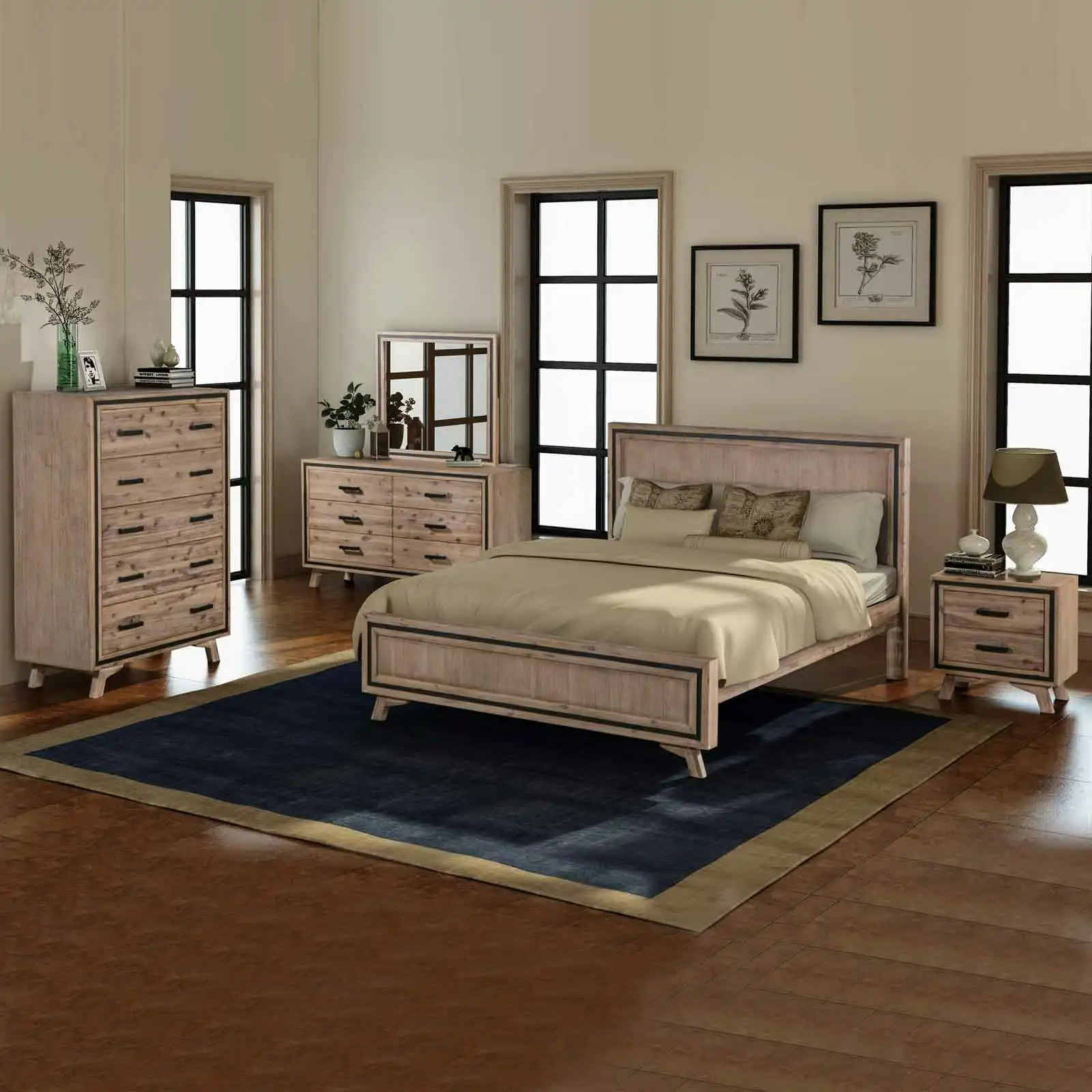 5 Pieces Bedroom Suite Queen Size Silver Brush in Acacia Wood Construction Bed, Bedside Table, Tallboy & Dresser