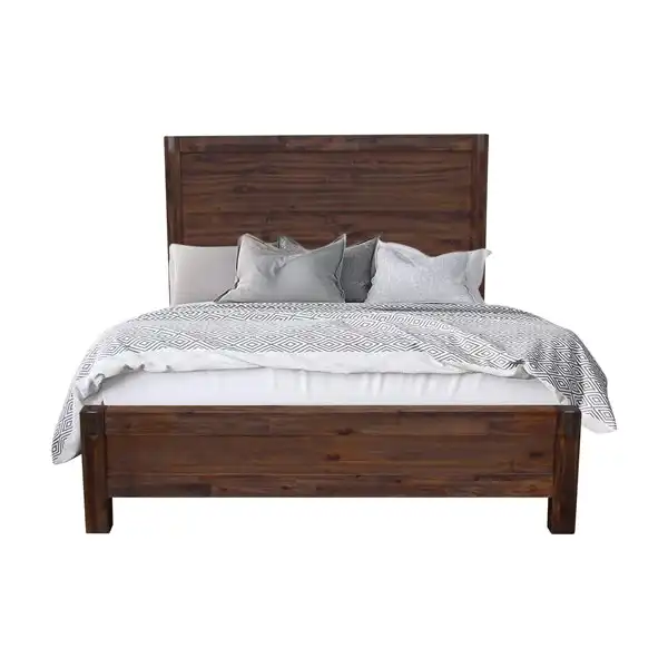 Bed Frame Double Size in Solid Wood Veneered Acacia Bedroom Timber Slat in Chocolate