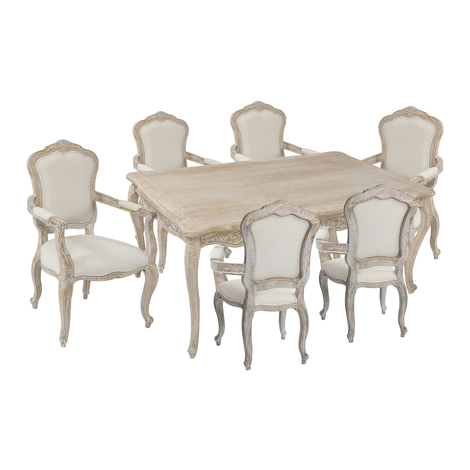 7 Pieces Medium Sizes Oak Wood White Washed Finish Dining Set