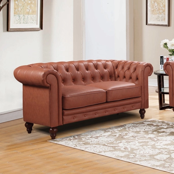 2 Seater Brown Sofa Lounge Chesterfireld Style Button Tufted in Faux Leather