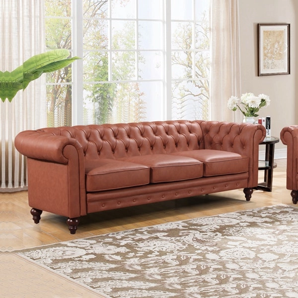 3 Seater Brown Sofa Lounge Chesterfireld Style Button Tufted in Faux Leather