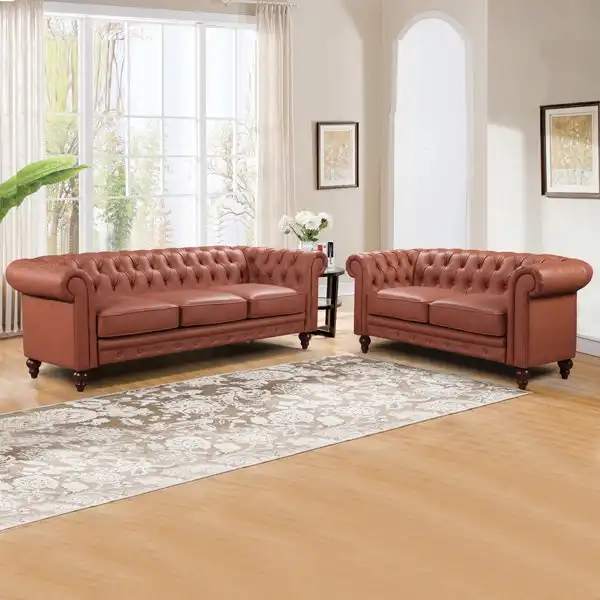 3+2 Seater Brown Sofa Lounge Chesterfireld Style Button Tufted in Faux Leather