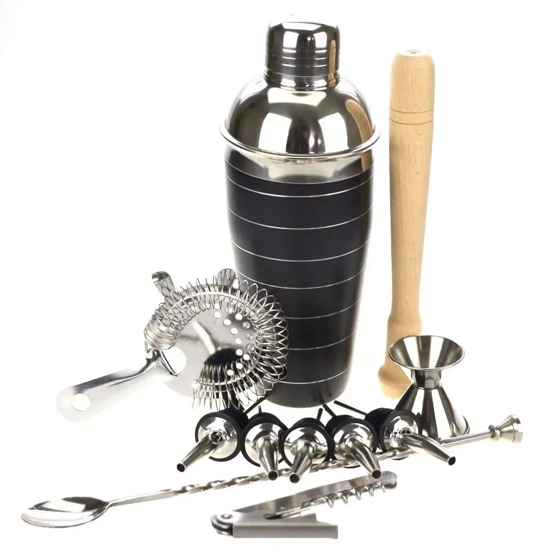 10 Piece Black Cocktail Shaker Set With Waiters Friend