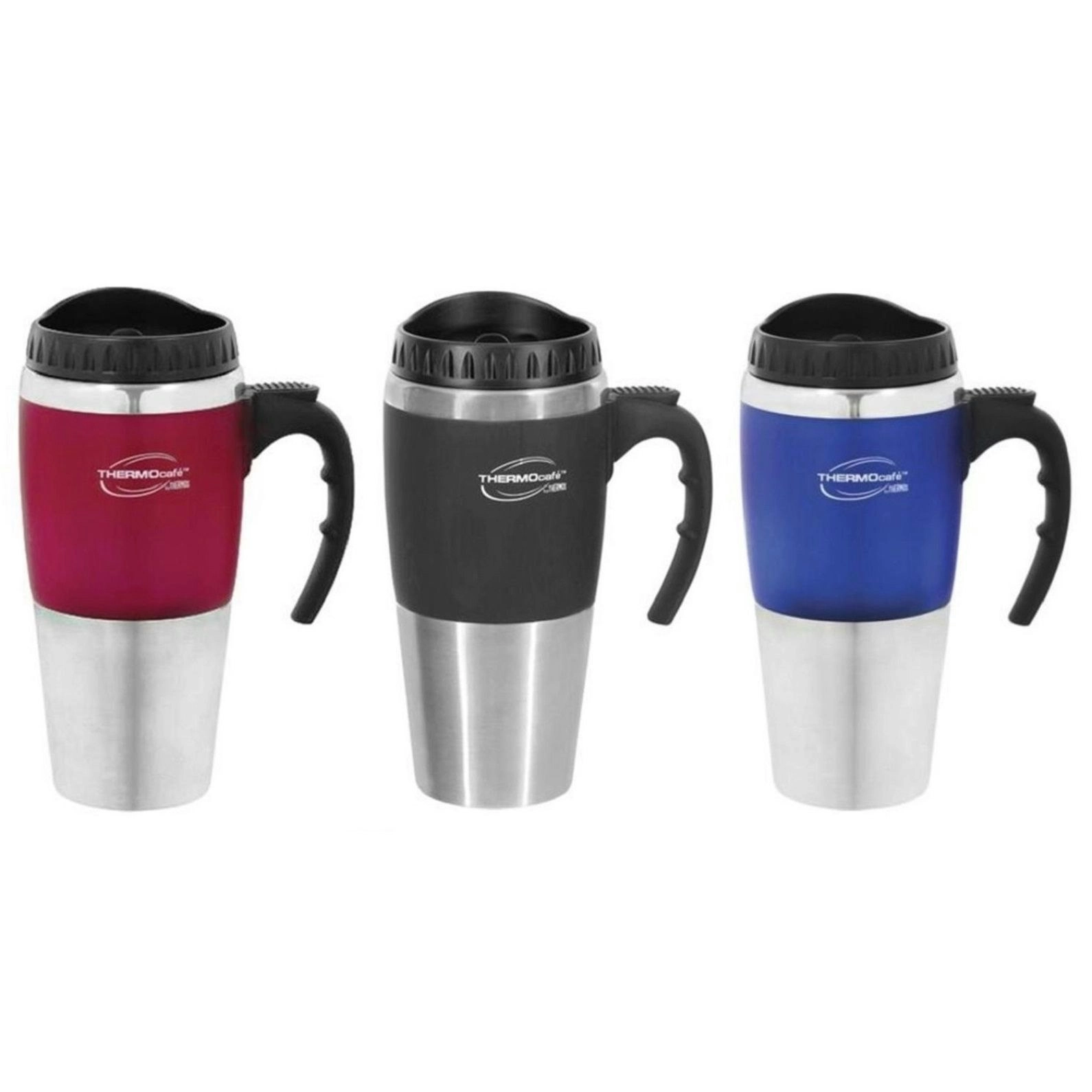 Thermos THERMOCAFE 450ml TRAVEL MUG WITH HANDLE - RED BLUE OR BLACK